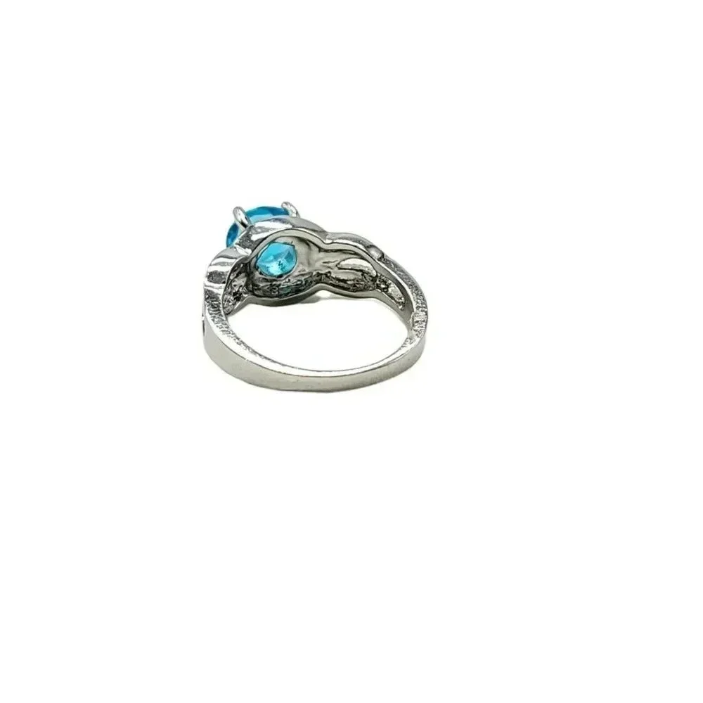 JS Signed Blue Glass Rhinestone Costume Bling Ring Size 6 Silver Tone Plated
